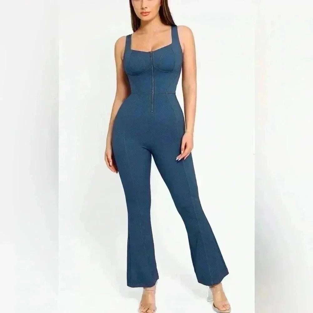 POPILUSH Shapewear Jumpsuit Denim Square Neck Tank Top Flare - Large